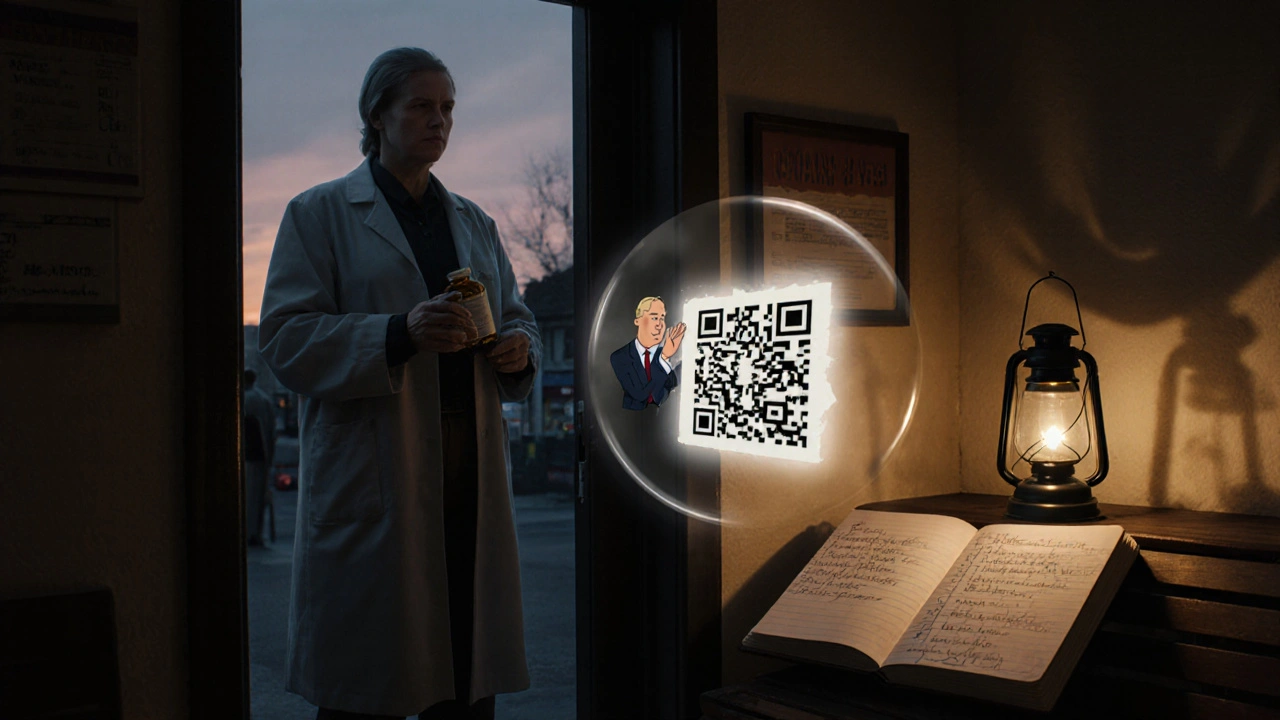 A patient stands in a pharmacy doorway with a discarded bottle, while a glowing QR code projects a reassuring medical video.