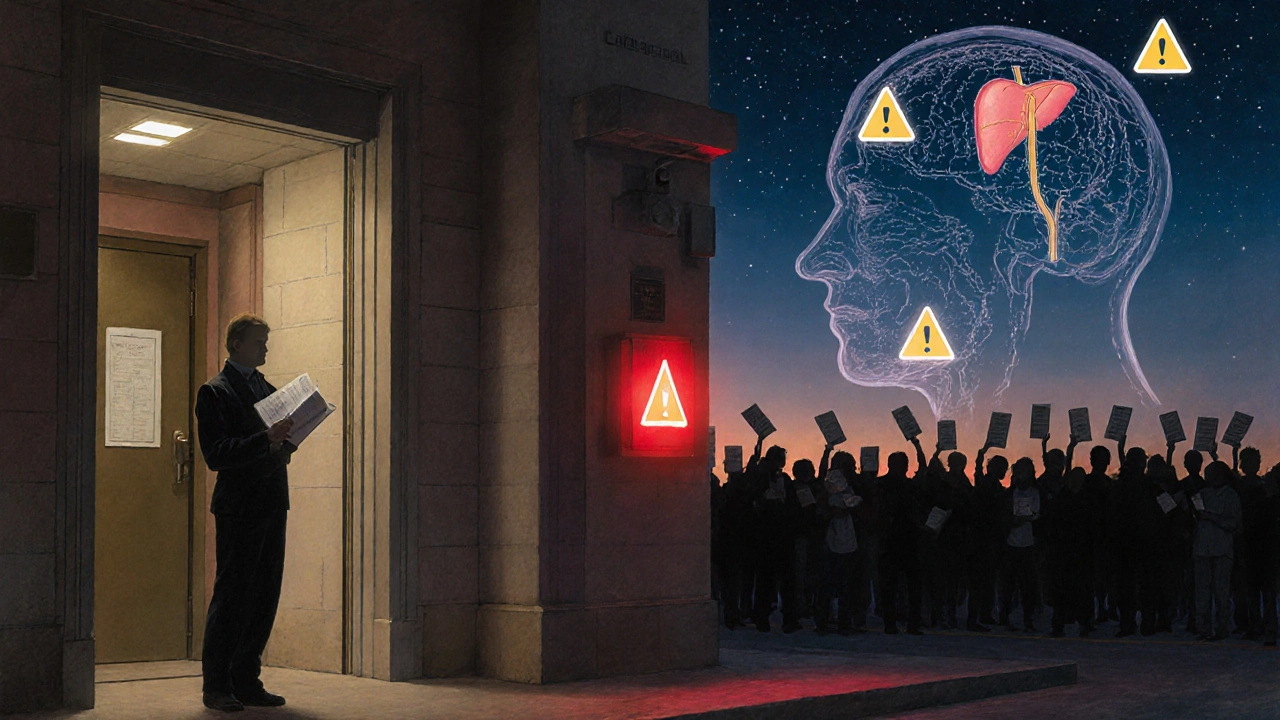 A person at hospital entrance with symptom logs as glowing warning symbols shine above.