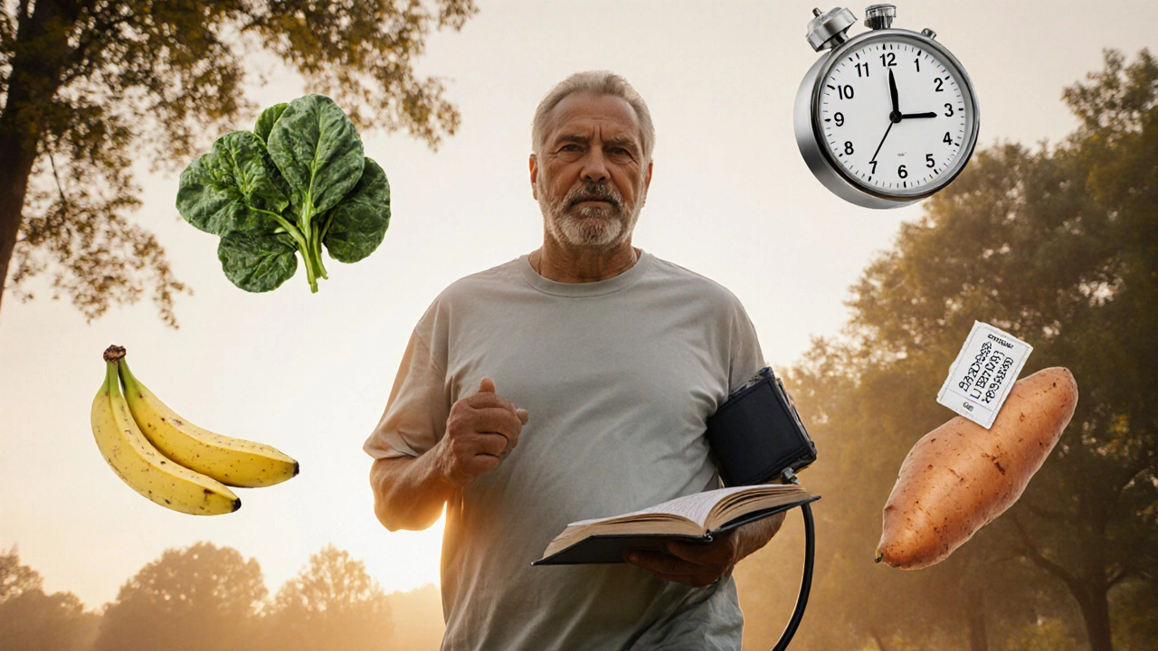 A person walks in a park at dawn, holding a BP journal with healthy food symbols nearby.