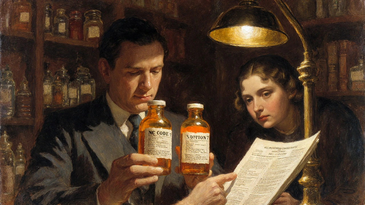 A pharmacist compares prescription bottles while a patient reviews prescribing information at an apothecary.