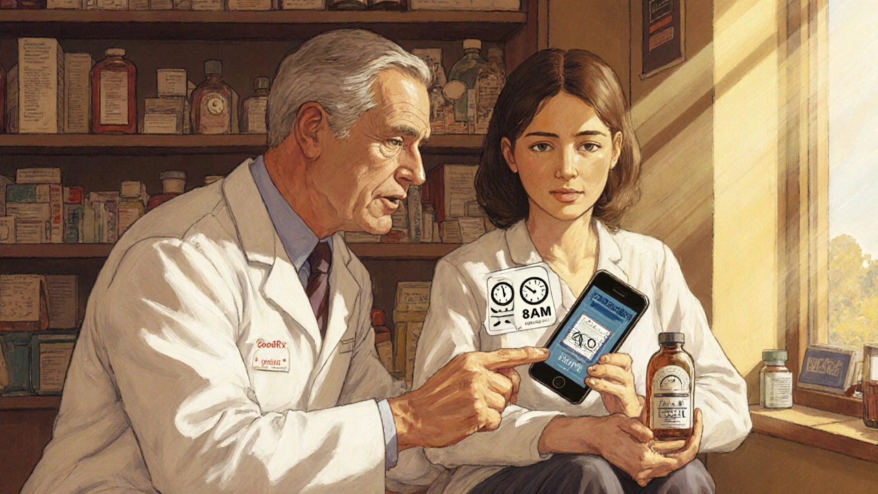 A pharmacist explains a clear prescription label with clock icons to a patient in a warmly lit pharmacy.
