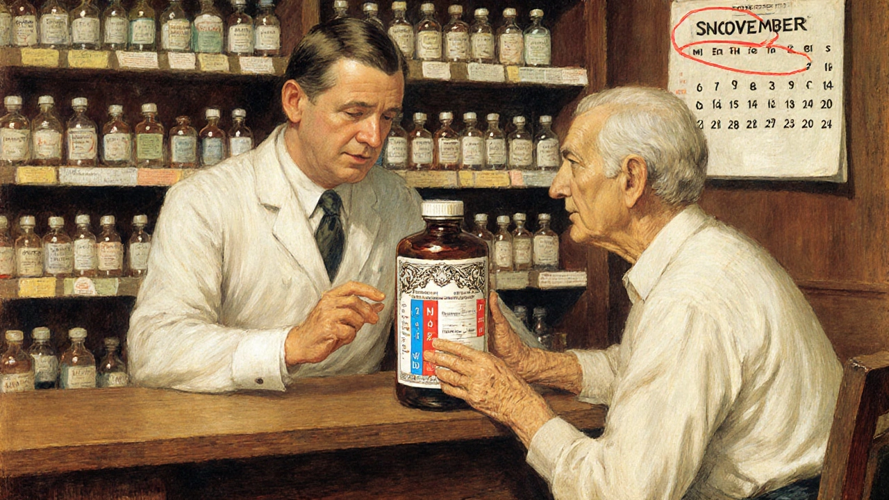 A pharmacist explains prescription labels to an elderly patient, with color-coded dates clearly visible on the bottle.
