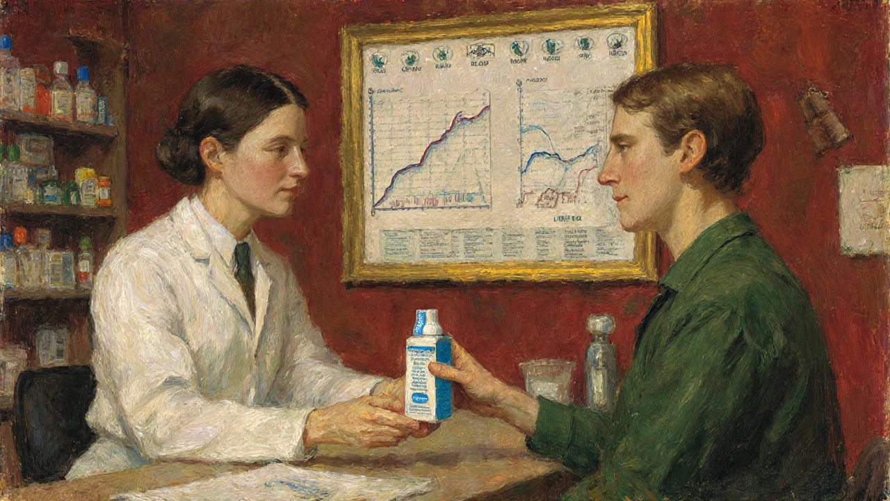 A pharmacist swaps decongestant for saline spray, with blood pressure chart in background.