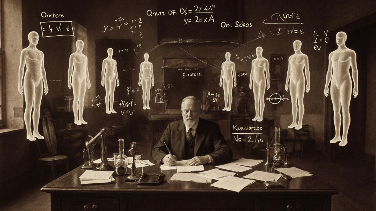 A scientist at a desk is surrounded by floating patient figures and mathematical models in warm, dramatic lighting.