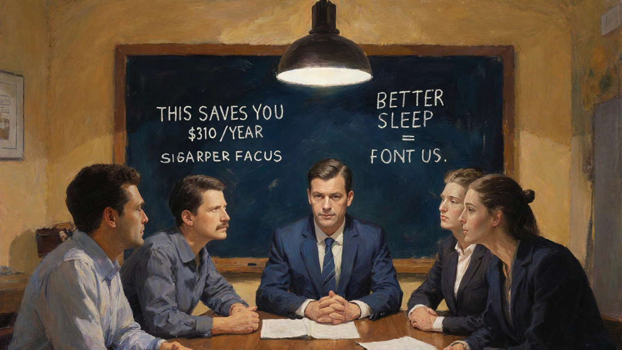 A small team listens to a manager explain wellness benefits on a chalkboard during a quiet office meeting.