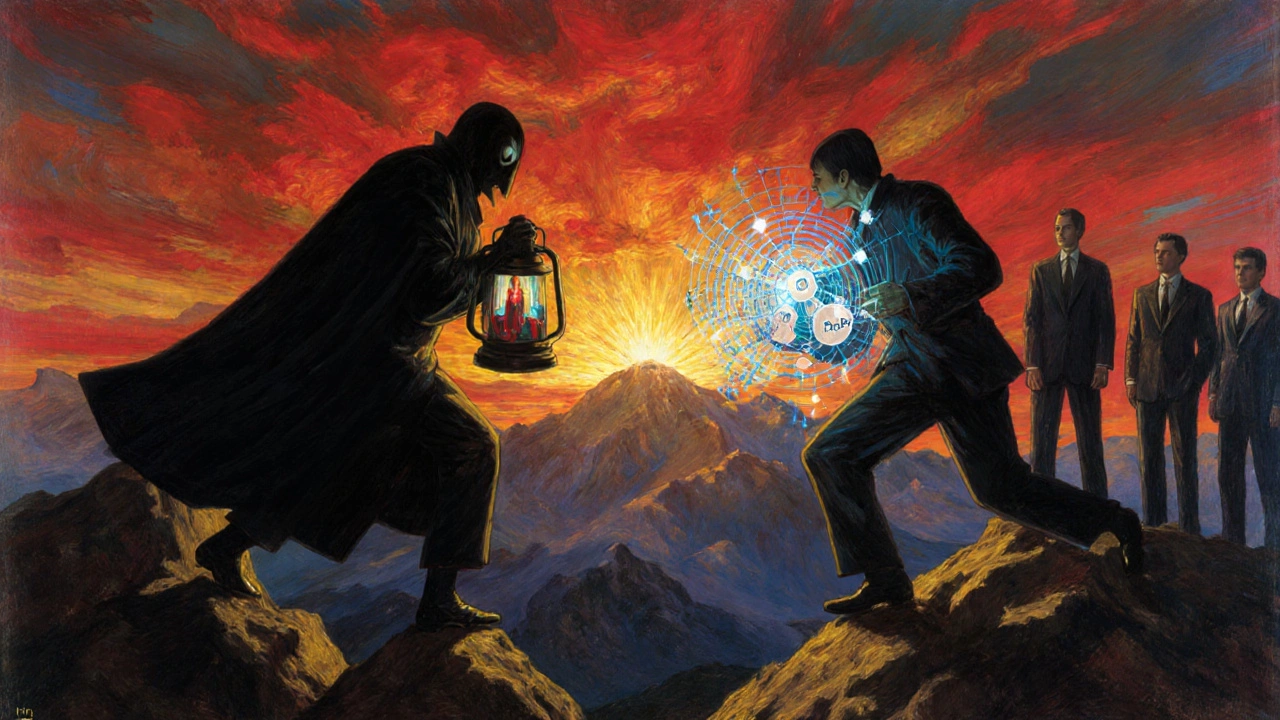 A symbolic battle between old and new drug testing methods under a rising sun, painted in bold illustrative tones.