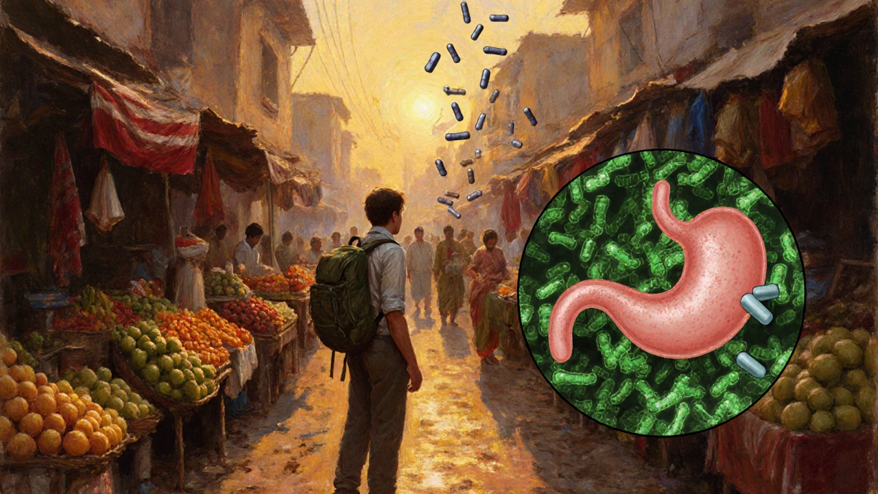 A traveler in an Indian market hesitating over food, with bacteria and metronidazole pills illustrated in symbolic contrast.