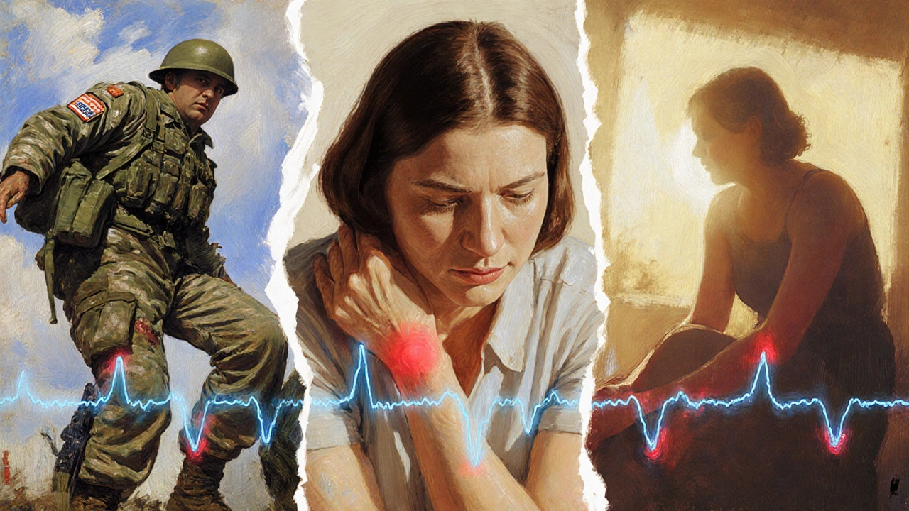 A woman transitioning from chronic pain to healing, with calming waves suppressing red pain signals.