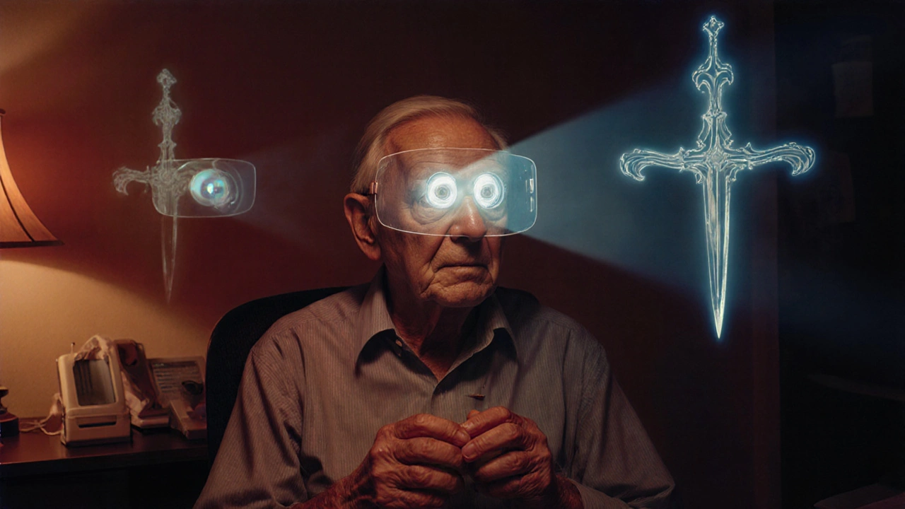 An elderly patient after cataract surgery, with a clear artificial lens and ghostly remnants of the old one.