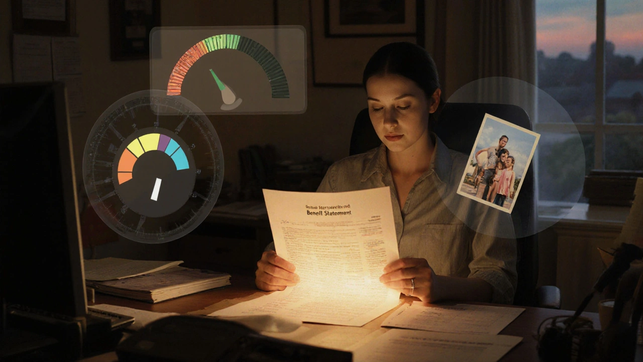 An employee reads a personalized benefit statement with glowing overlays of improved sleep and reduced stress.