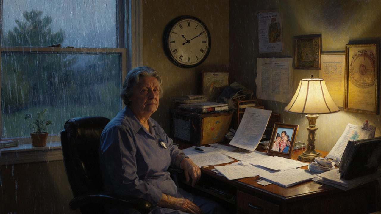 Caregiver in a dim home office surrounded by medical documents and a family photo, rain on the window.
