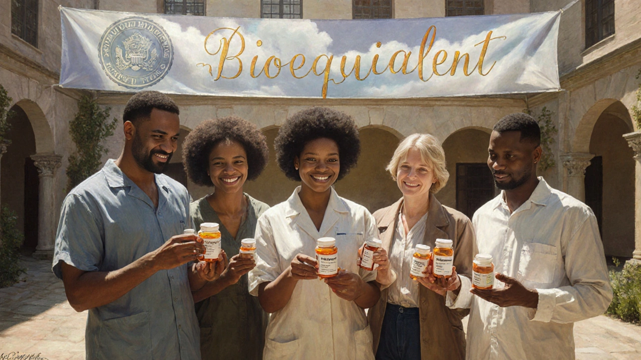 Diverse group of patients in courtyard holding generic pill bottles, translucent &#039;Bioequivalent&#039; banner above, warm sunlight and detailed clothing.