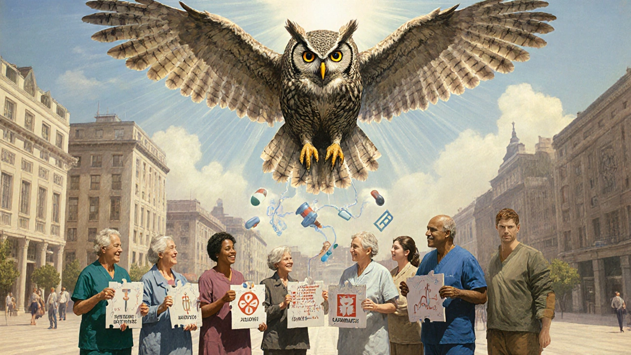 Diverse patients holding puzzle pieces of side effects, while a data owl above them reconstructs a safety blueprint.