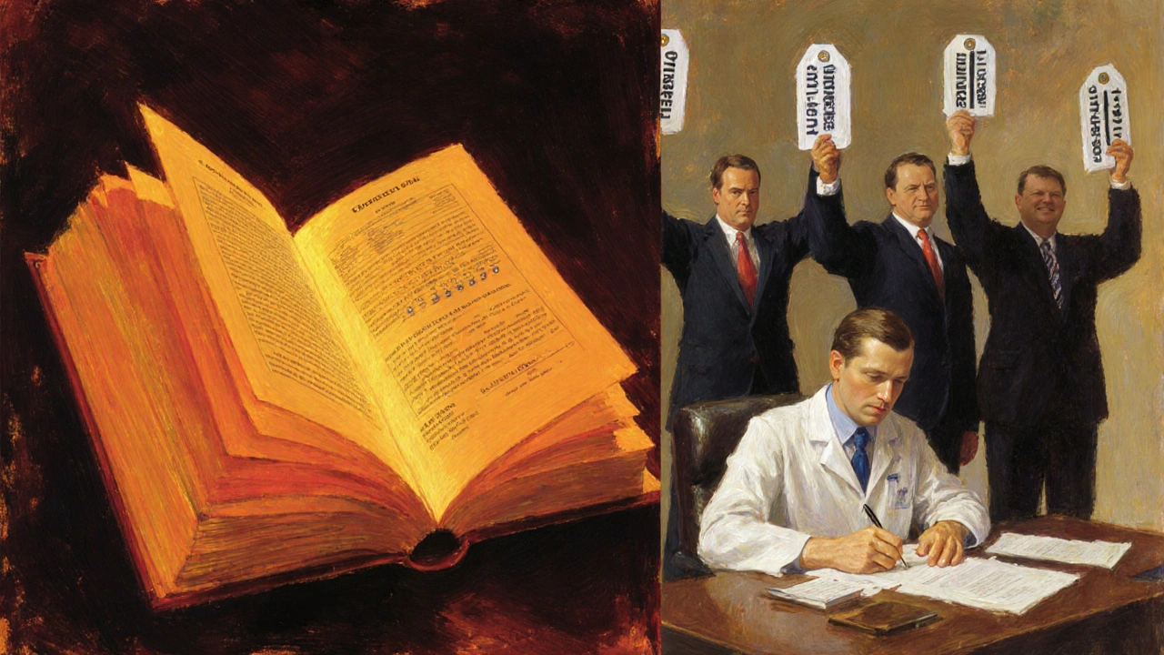 Doctor writing prescription beside an open FDA Orange Book with glowing &#039;A&#039; codes, corporate figures in background holding inflated price tags.