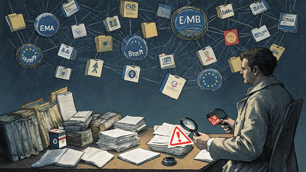 European drug agencies tangled in documents, a doctor examining a red safety warning.