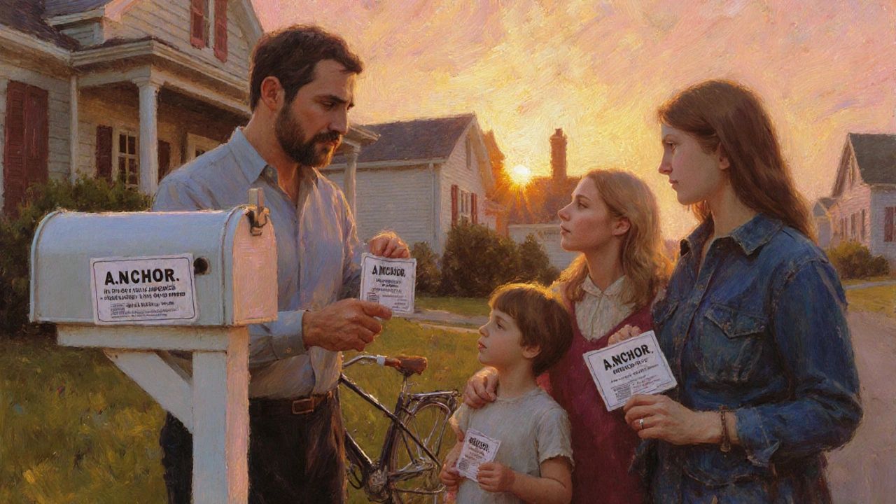 Family stands together at dawn, each holding naloxone kits, facing the sunrise.