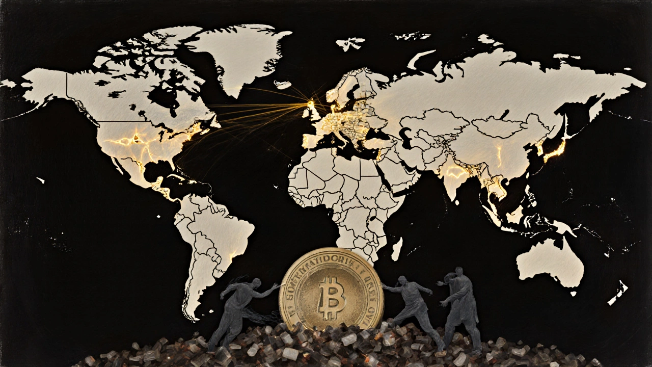 Global map with golden molecular threads connecting factories, shadowy counterfeit figures crushed under an FDA seal and blockchain ledger.