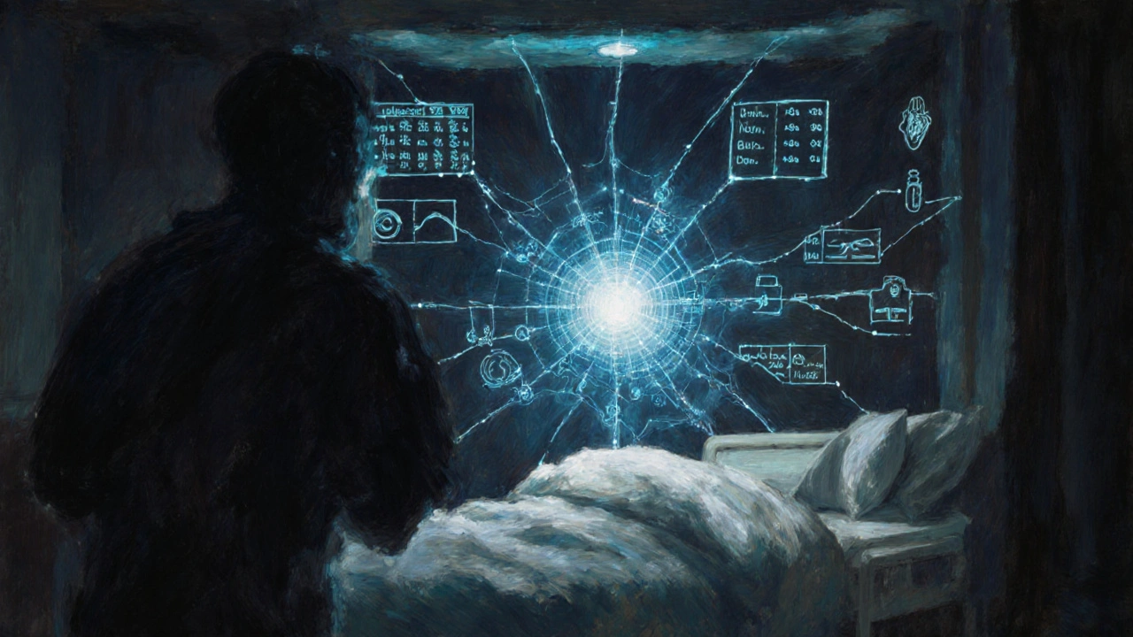 Hospital bed with glowing AI interface detecting a dangerous drug interaction, surrounded by health data streams.