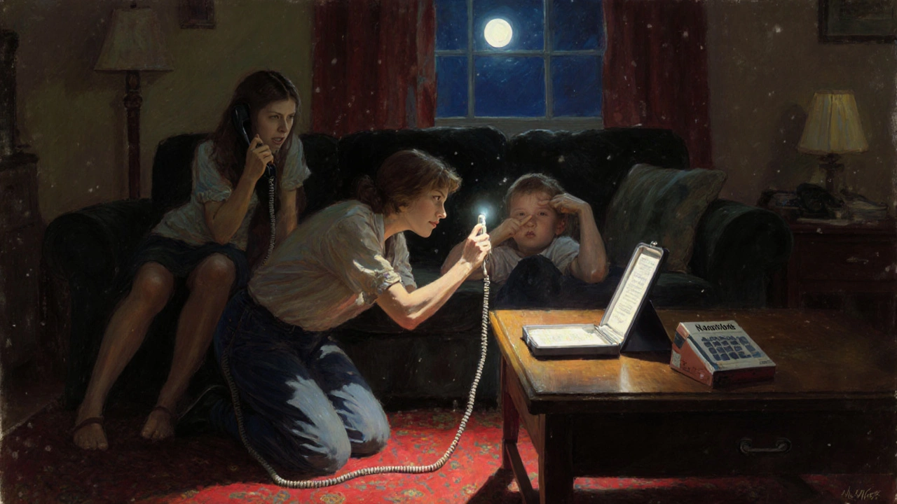 Mother administers naloxone to unresponsive son while daughter calls 911 in living room.