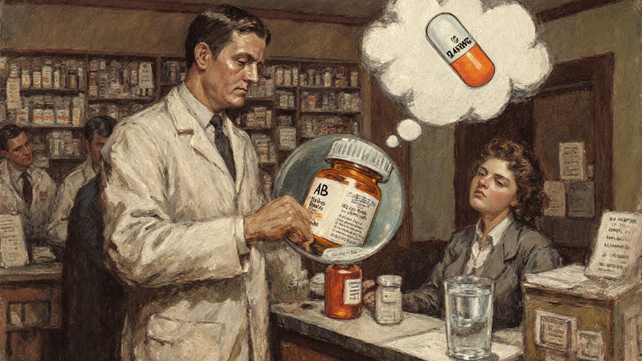 Patient receiving a generic pill with AB code, visualized as equivalent to brand-name drug in thought bubble.