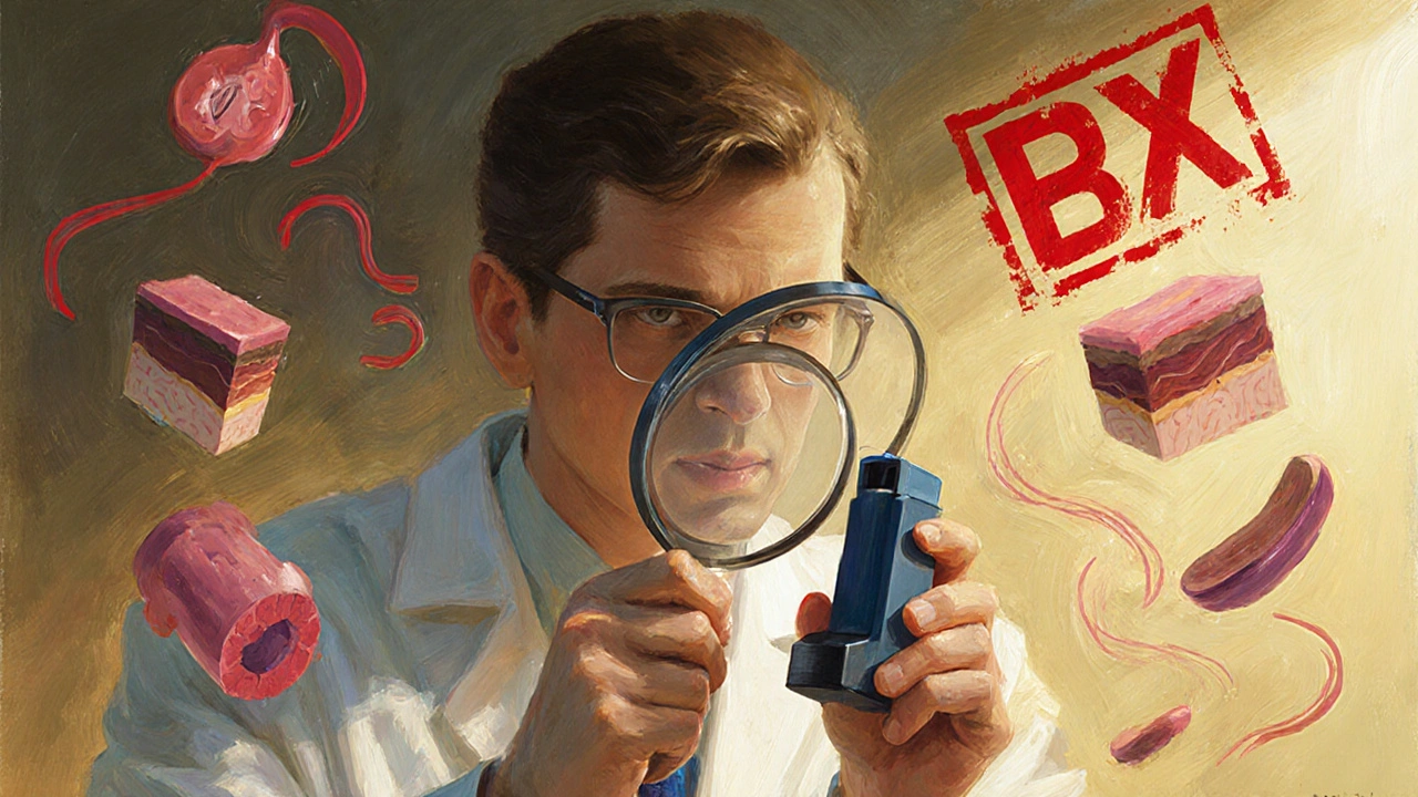 Scientist examining an inhaler with abstract symbols of drug absorption and a BX code floating nearby.