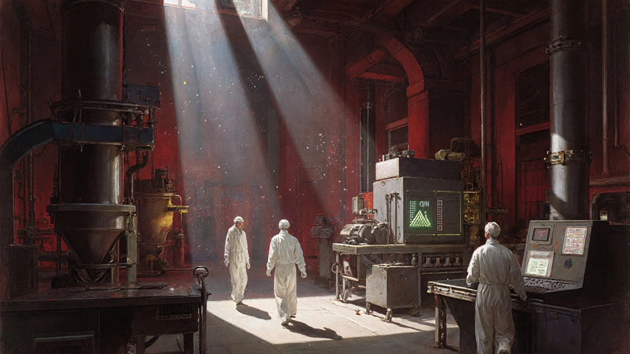 Sterile pharmaceutical lab with workers in white suits, glowing machinery, and a tablet moving along a conveyor toward a quality checklist.