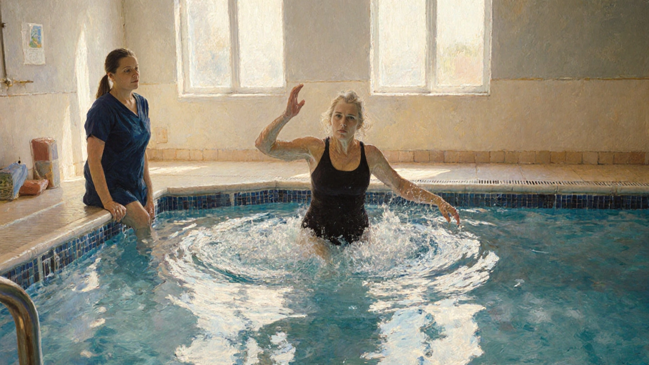 Woman with chorea swimming in a therapy pool, water rippling around her, therapist watching nearby.