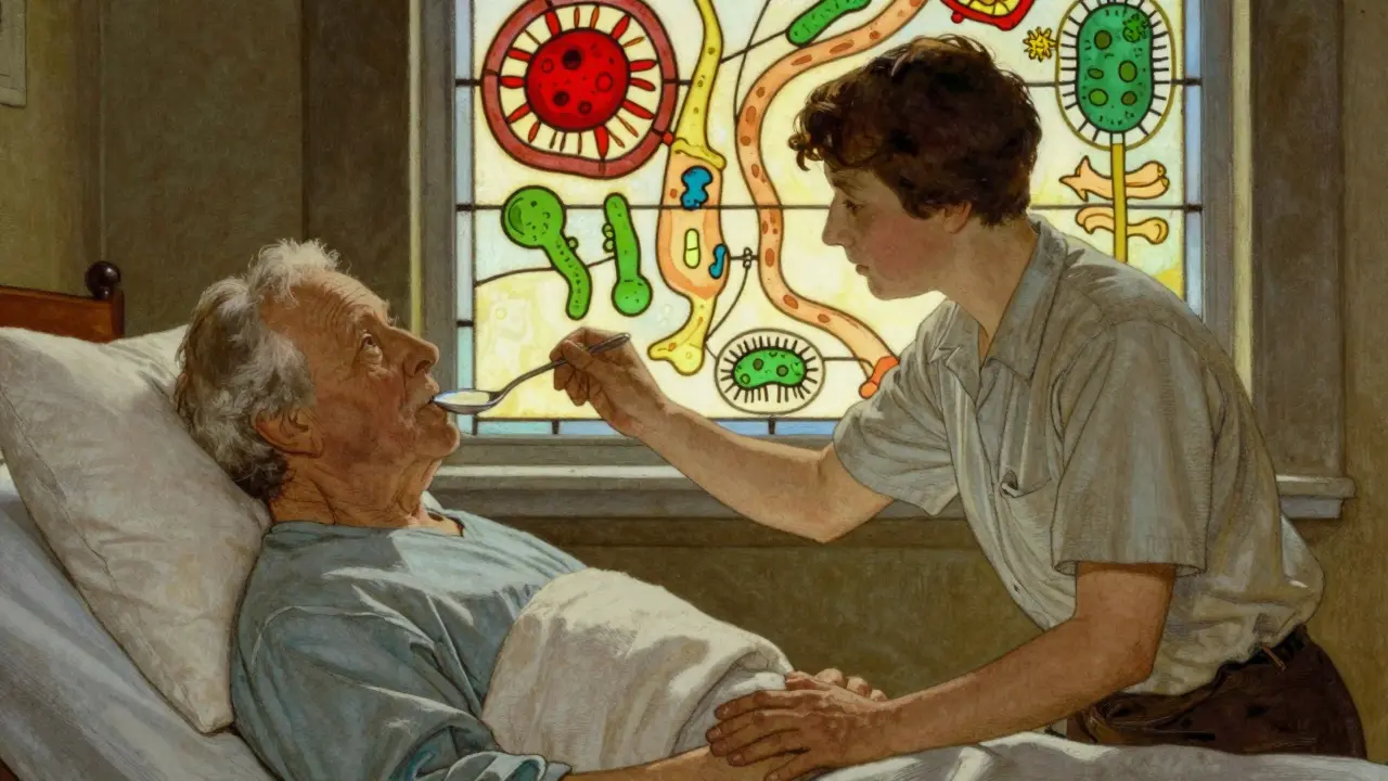 A caregiver giving lactulose to a patient, with a glowing gut microbiome illustrated like stained glass behind them.