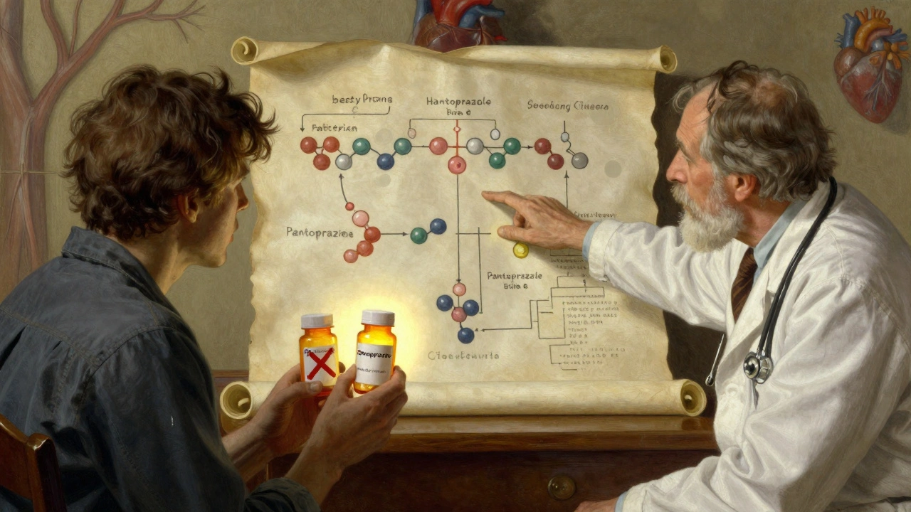 A doctor and patient reviewing a medical chart showing PPI alternatives, with clopidogrel and pantoprazole pills visible.