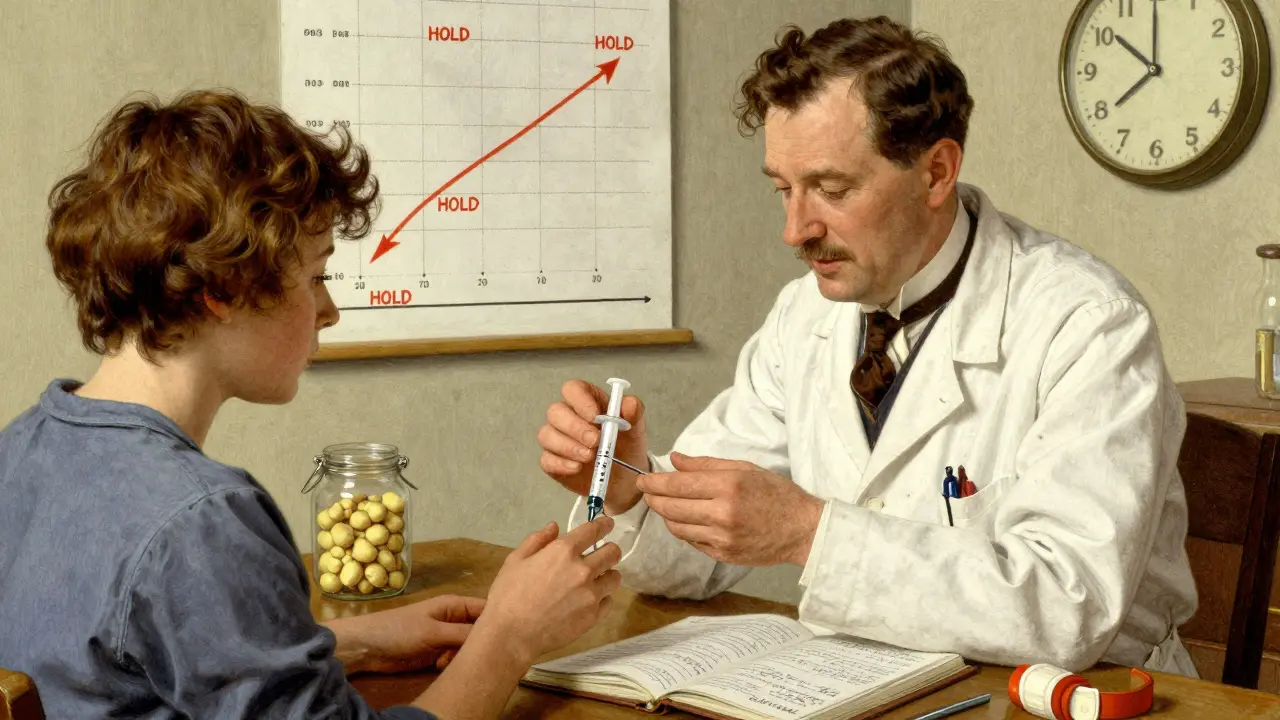 A doctor and patient together, reviewing a slow-dose chart with ginger and a journal on the desk.