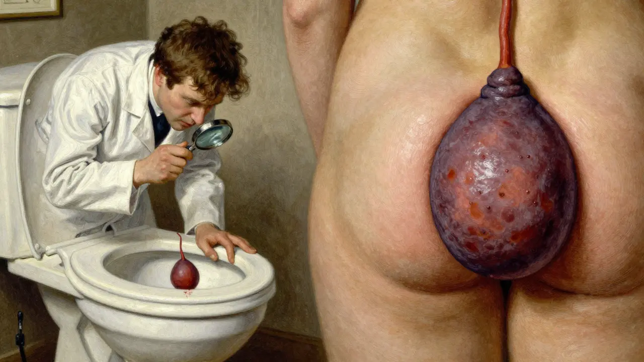 A doctor examining a patient, showing side-by-side internal and external hemorrhoids with rich, painterly detail and medical focus.