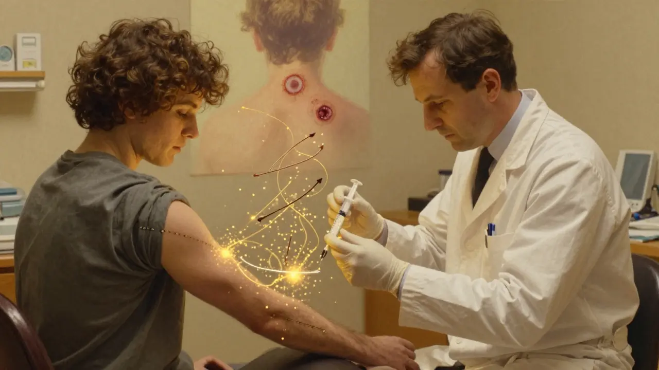 A doctor giving a biologic injection as golden particles symbolize targeted immune blockers entering the body.