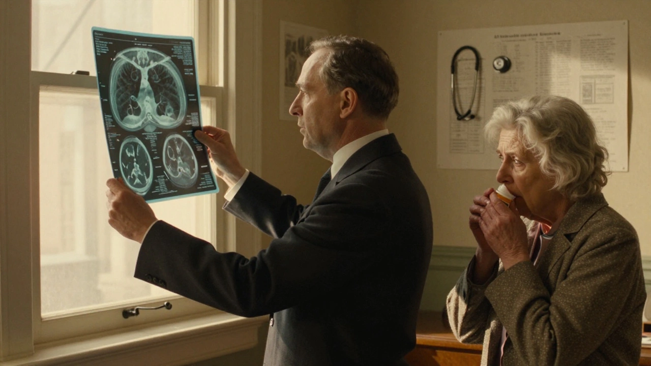 A doctor shows a lung scan to a patient holding a medication bottle, both lit by afternoon light.