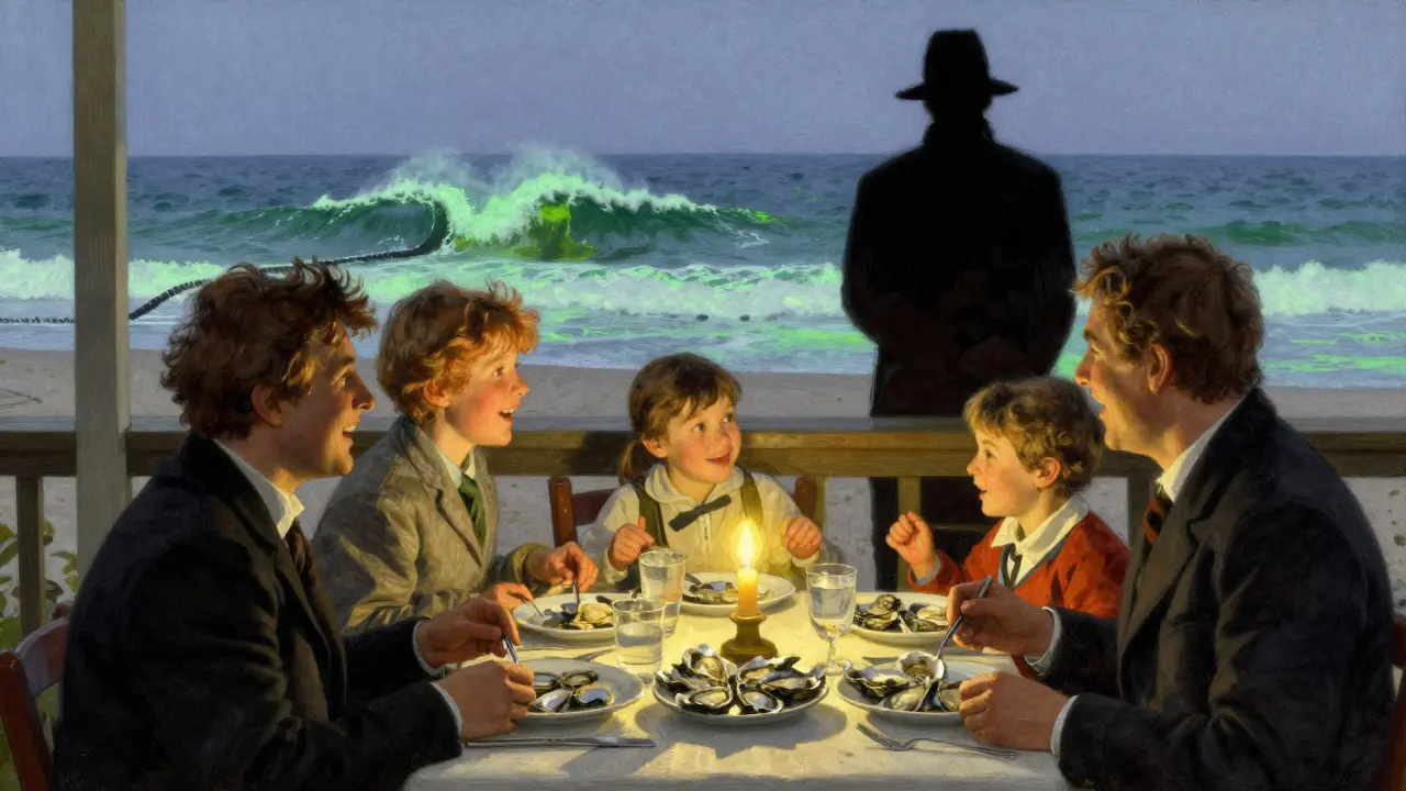 A family eating raw oysters at a seaside restaurant while contaminated seawater looms behind them.