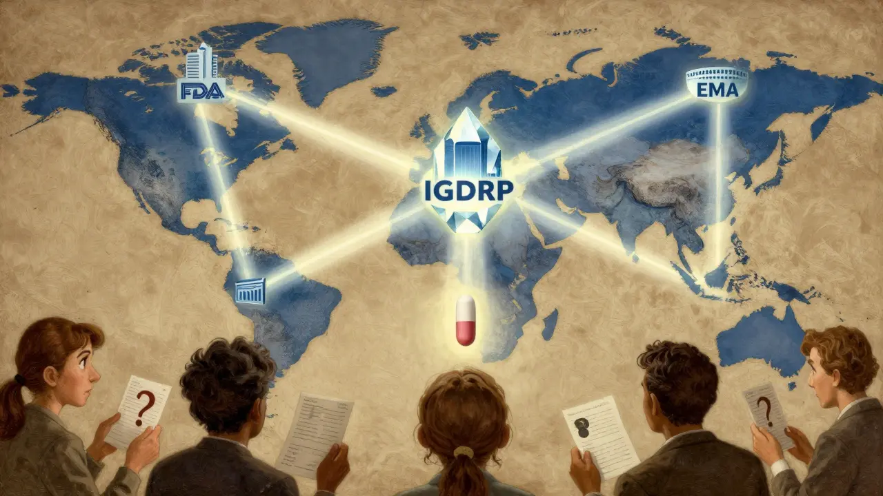 A global map with regulatory agencies connected by light beams to a central IGDRP crystal, while patients hold uncertain prescriptions.