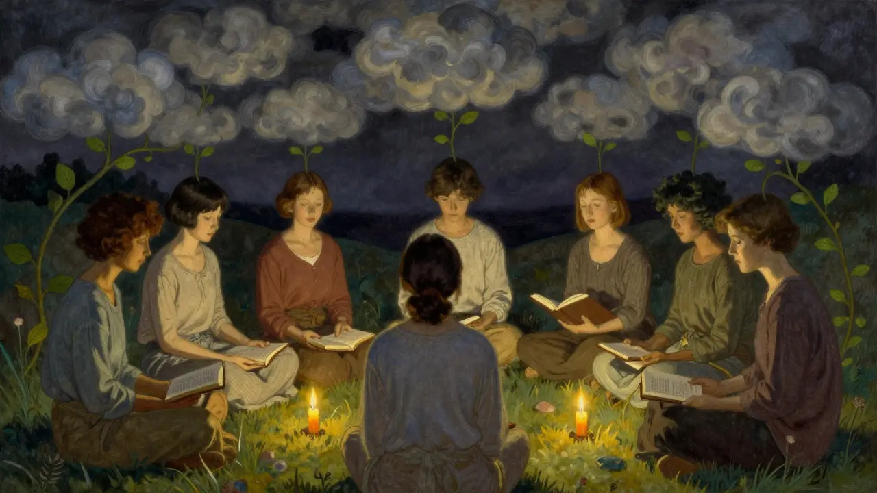 A group sits in a quiet circle, journals in hand, as calming vines rise above them symbolizing emotional recovery.