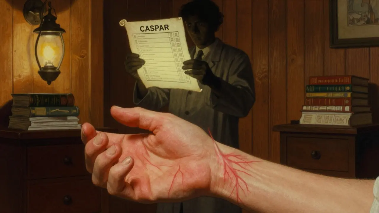 A hand with pitted nails and inflamed digits, viewed beside a floating checklist in a warm medical room.