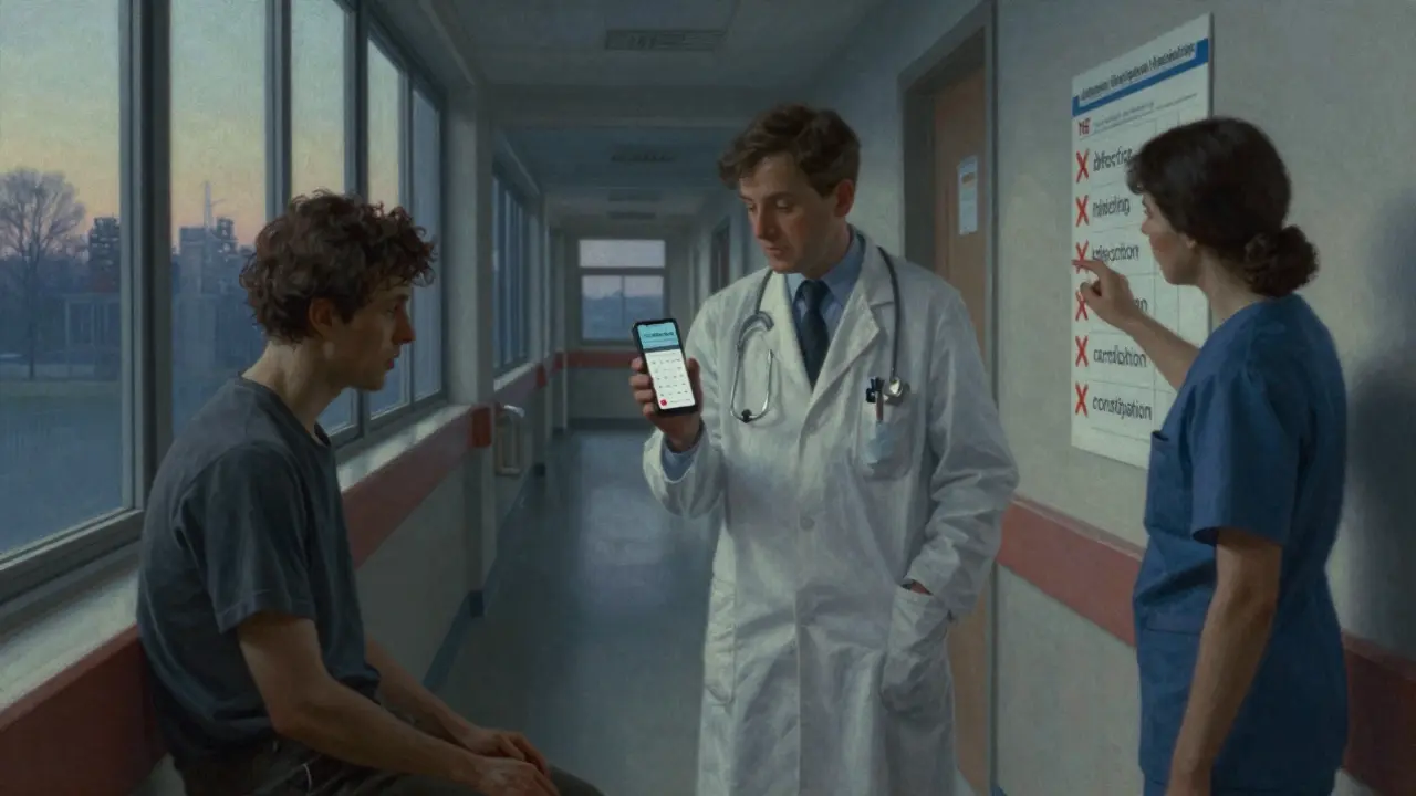 A hospital scene with a doctor, patient, and caregiver, showing a smartphone test and HE triggers on a chart at dawn.