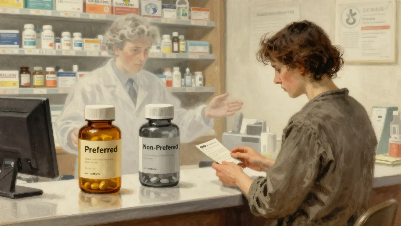 A patient holds a prescription as two identical pill bottles float beside them, labeled 'Preferred' and 'Non-Preferred' with unseen decision-makers in the background.