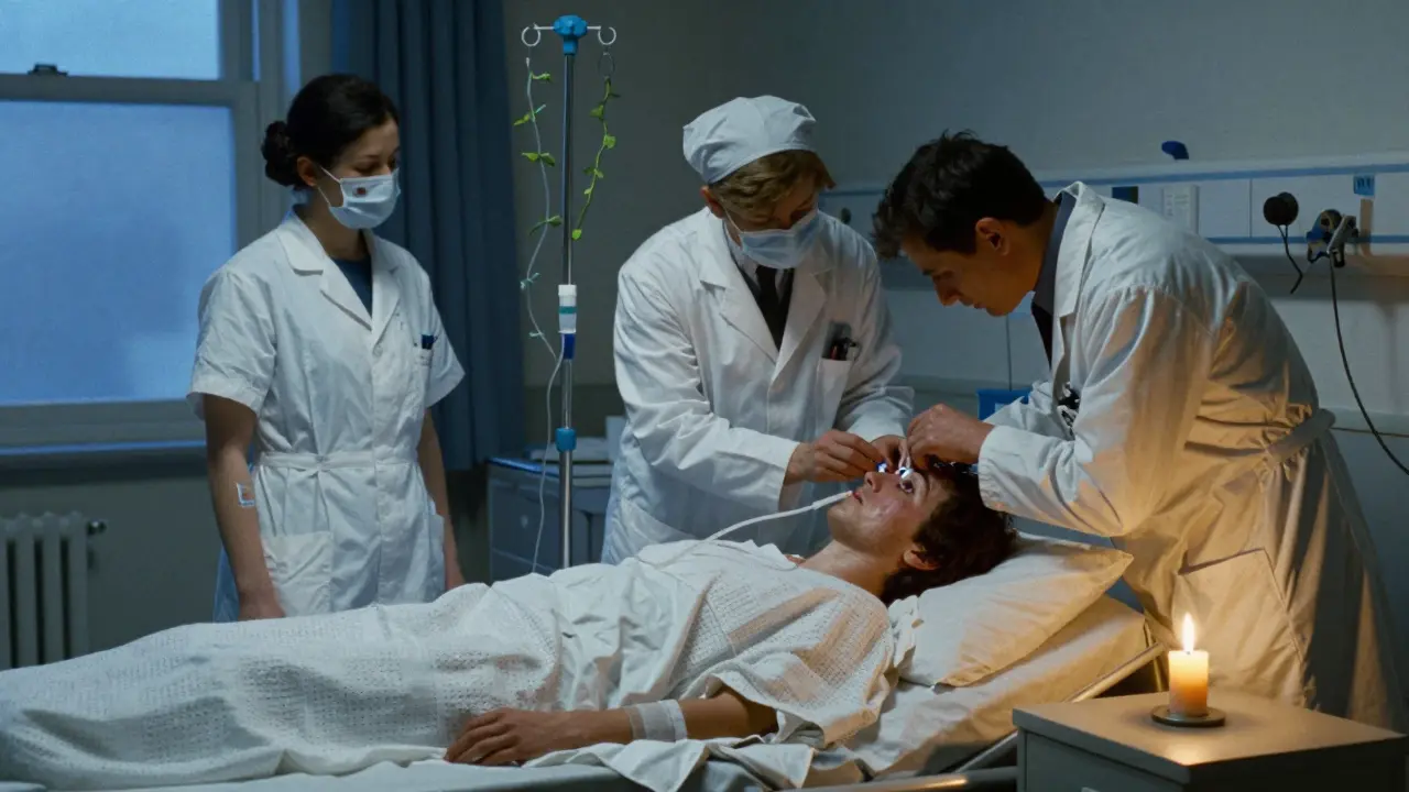 A patient in a burn unit under medical care, with IV lines, eye exam, and feeding tube, lit by cold window light.