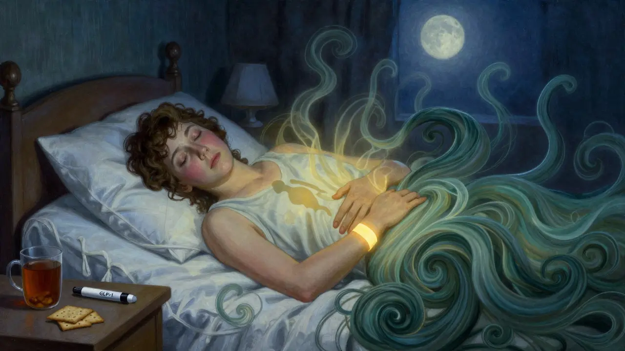 A person asleep at night with ginger tea and crackers nearby, nausea swirling away in soft blue moonlight.
