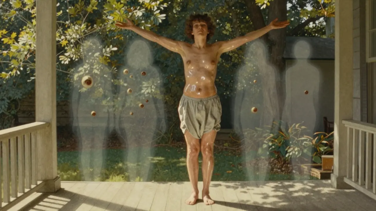 A person standing freely on a porch, skin clear and healed, with fading shadows of past lesions behind them.