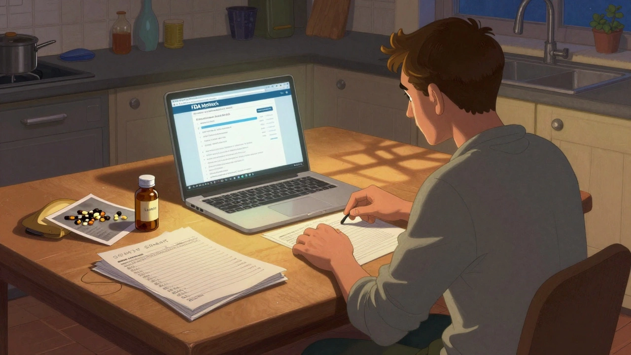 A person submits a medication error report online at a kitchen table, surrounded by notes and photos.