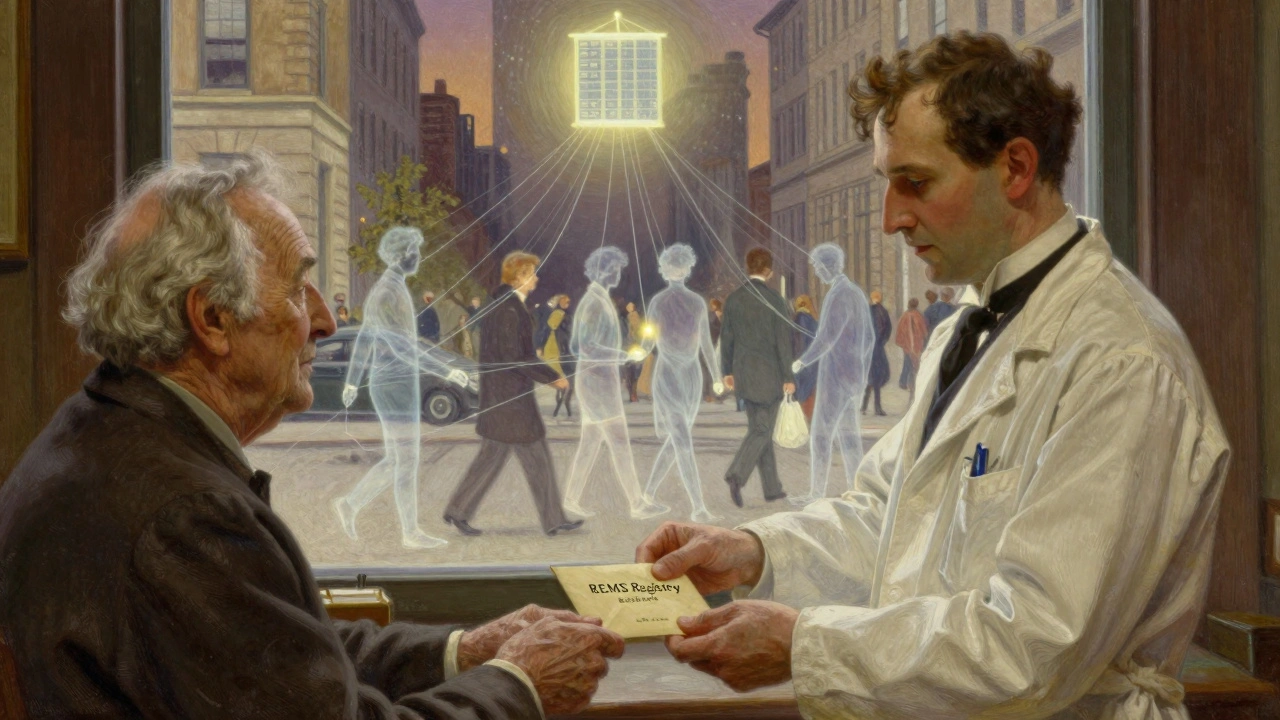 A pharmacist giving a registry envelope to an elderly patient, with connected figures representing a nationwide safety network.