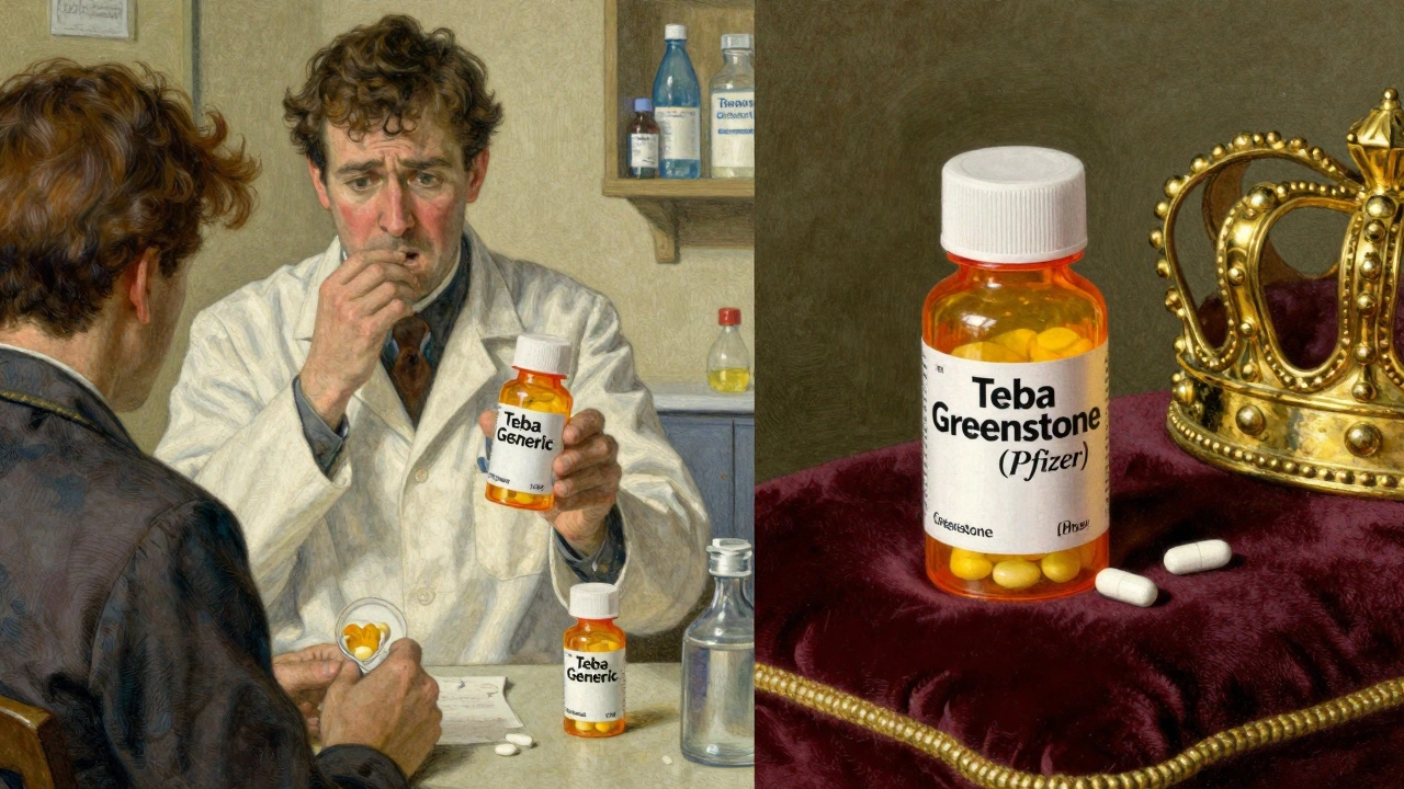 A pharmacist handing two identical pill bottles — one from a generic maker, one from the brand — highlighting market split and consumer trust.