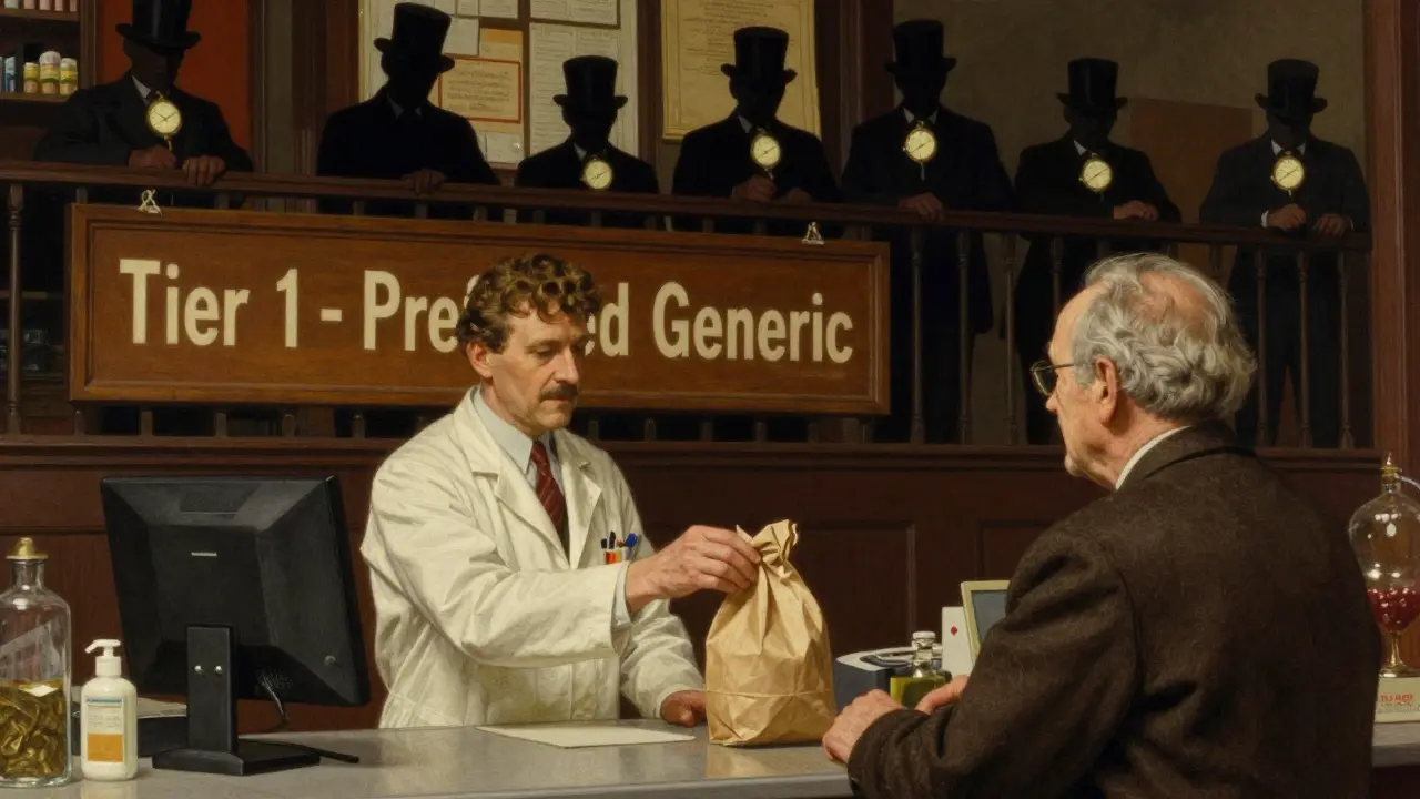 A pharmacist hands a generic medication to an elderly patient, with insurance executives watching from above in a vintage drugstore.