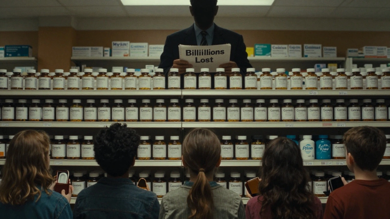 A pharmacy shelf with generic pills, dominated by brand-labeled versions, while patients hold empty wallets.
