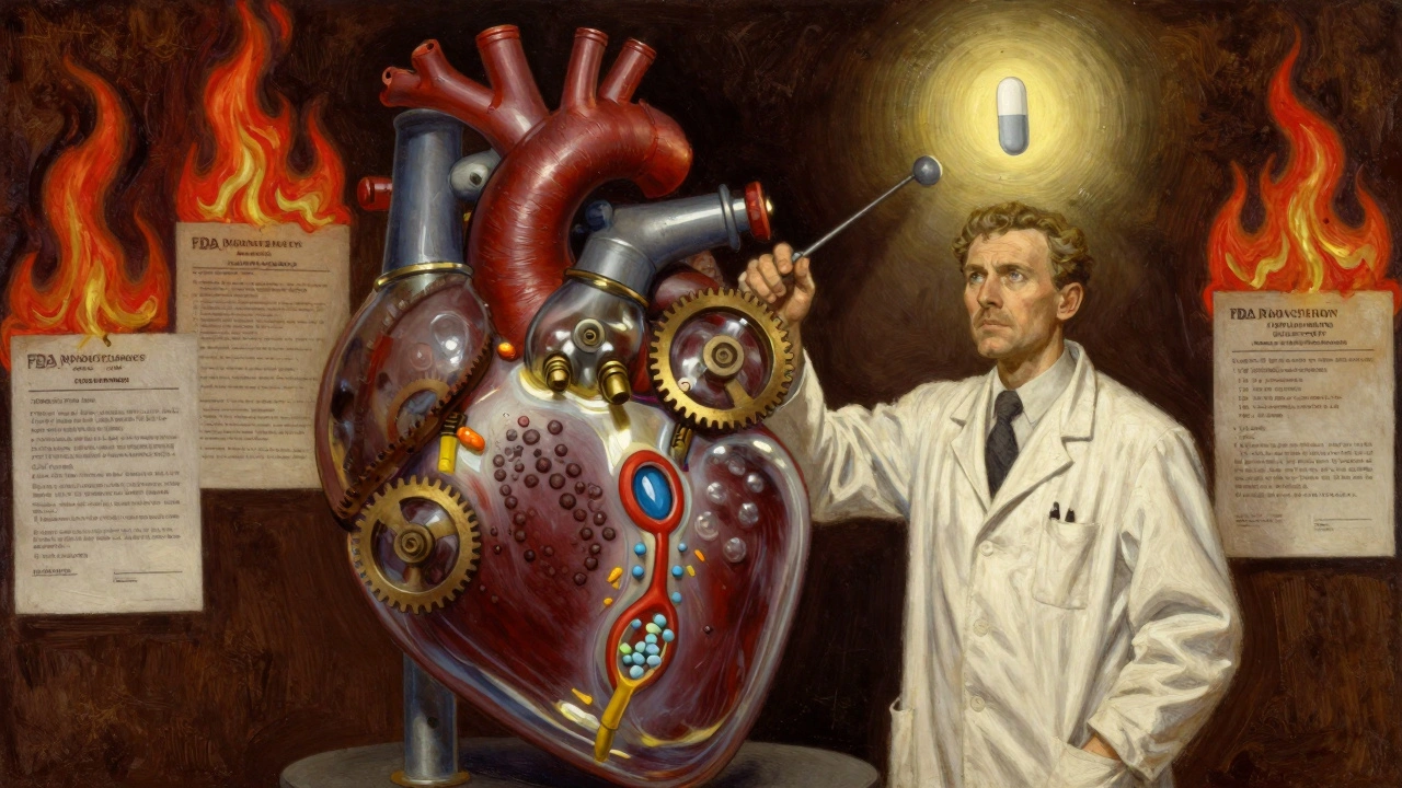 A scientist faces a mechanical heart representing drug release technologies, with FDA rejection notices burning behind them and one approved pill glowing ahead.