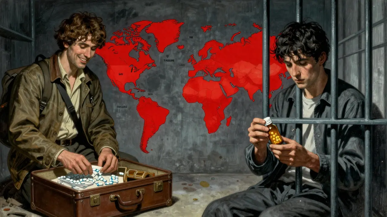 A split scene showing a traveler packing meds versus being imprisoned, with a map highlighting banned countries.