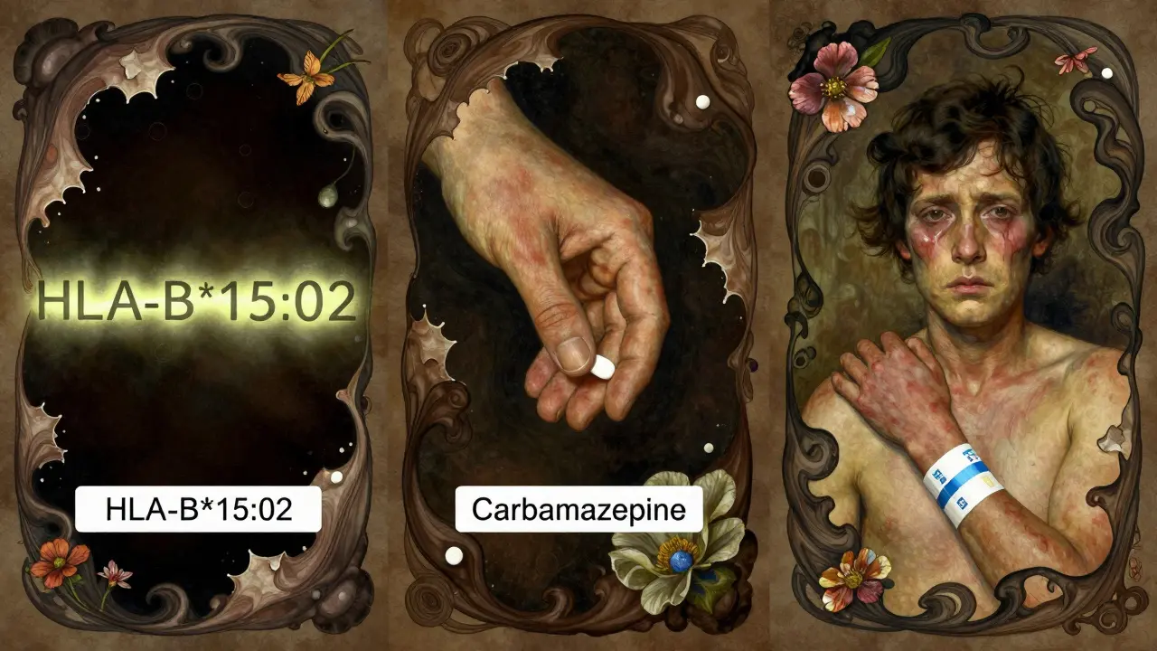 A symbolic triptych showing genetic risk, medication hesitation, and a survivor with a medical alert bracelet.